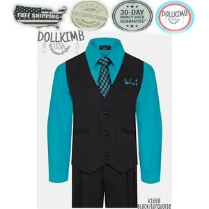 Boys Suit Vest Pants Set Turquo Shirt Tie Pinstripe. traje de nÑo para boda - Picture 1 of 5