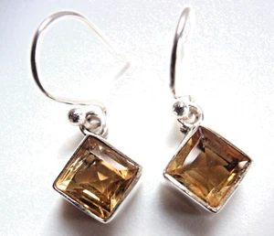 Faceted Citrine Square 925 Sterling Silver Dangle Earrings - Picture 1 of 4