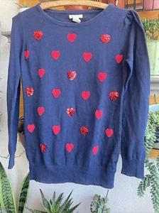 Forever 21 Sweater Girls Size L Hearts Girl's Crewneck Dark Blue - Picture 1 of 6