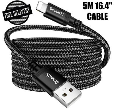 Fast Charger USB Cable 5M 16" Braided Cord For iPhone 6 7 8 11 12 13 14 Pro Max - Image 1 of 4