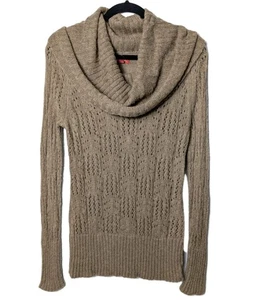 ELLE Open Knit Cowl Neck Sweater S Beige Cozy Textured Wool Blend Pullover Y2K - Picture 1 of 12