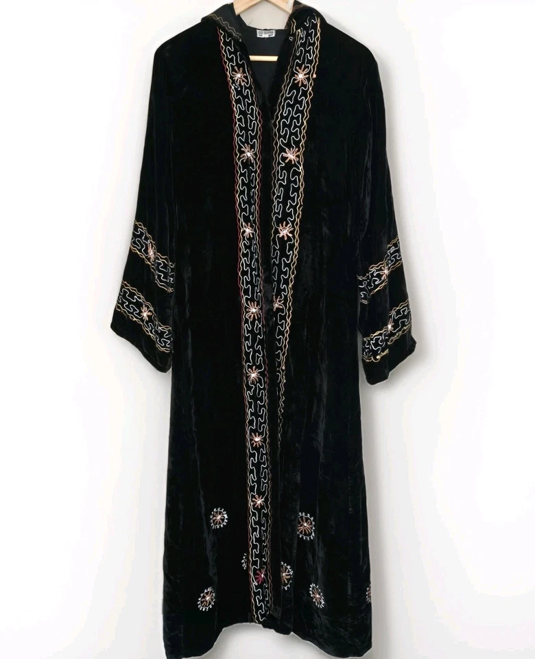 Plumero de colección años 90 para mujer L negro terciopelo aplastado bordado floral capucha boho gótico Foto 1 de 4