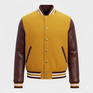 Wool Mustard Body Brown Leather Sleeve Varsity Jacket Men Size XL - Picture 1 of 5