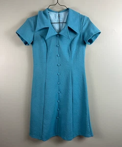 Vintage 60s Mod Aqua Blue Mini Dress Wide Collar Space Age Zip Twiggy Style S\M - Picture 1 of 7