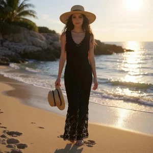 Krochetta by Papillon Black Beaded Crochet Maxi Sleeveless Dress Scalloped Sz PL - Picture 1 of 13