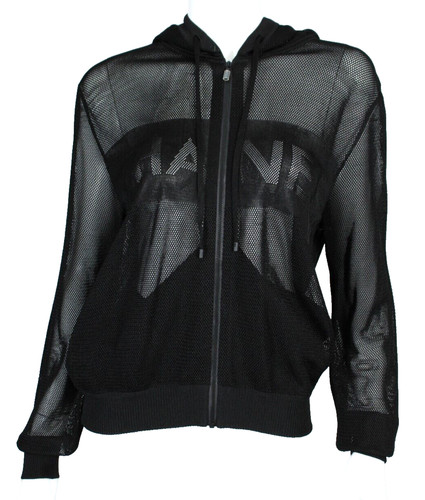 CHANEL 2019 19P maglia maglia nera trasparente XL logo davanti con cappuccio zip fronte giacca M