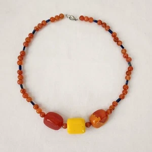 VTG 60s Necklace Genuine Carnelian & Lapis Lazuli Stones 3 Lucite Center Beads - Picture 1 of 15