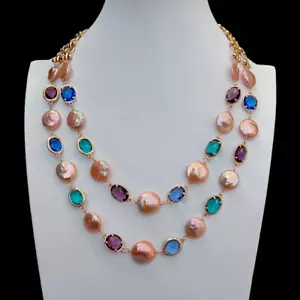 15mm Multi Strand Cultured Pink Coin Pearl Multi Color Crystal Necklace - Picture 1 of 6