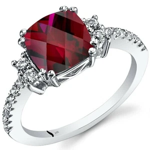 14K White Gold Lab-Created Ruby Ring Cushion Cut 3.00 Cts Sizes 5 to 9 - Picture 1 of 3