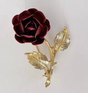 Vintage 50’s Kremetz Exquisite Red Rose Brooch Gold Tone Pin Signed 2.5'' - Picture 1 of 5
