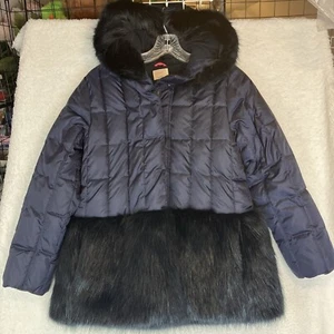 Crewcuts Everyday Jacket Girls 12 Faux Fur Hooded Long Sleeve Puffer Blue Winter - Picture 1 of 5
