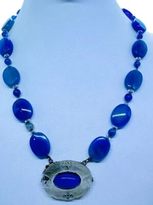 Vintage 1930's German Blue Chalcedony Bead Pressed Art Glass Sterling Necklace - Picture 1 of 12