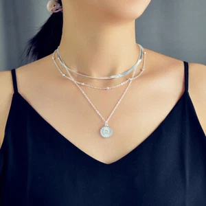 3 Layers Round Pendant Drop Necklace Ladies Statement Collar Party Chain Choker - Picture 1 of 14