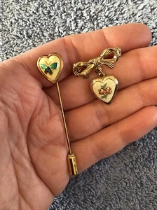 Vtg Heart Brooch LOCKET BOW PIN Butterfly PAINTED PORCELAIN Stick Pin Lot 2 - Picture 1 of 12