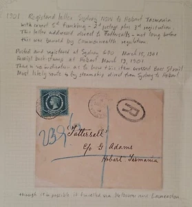 1901 NSW Australia 5d Blue Green Lge Diadem Stamp on Registd Cover Sydney-Hobart - Picture 1 of 3