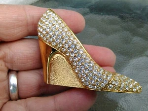 Estee Lauder Solid Perfume Enamel Gold Rhinestone Crystal Heel EMPTY UNUSED - Picture 1 of 5