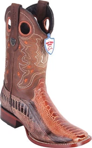 WILD WEST COGNAC GENUINE OSTRICH LEG COWBOY BOOT RANCH-WIDE SQUARE-TOE (EE+)  - Picture 1 of 1