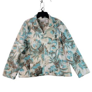 Alfred Dunner Fleece Jacket Womens Size PM White Blue Floral Full Zip Collared - Picture 1 of 11