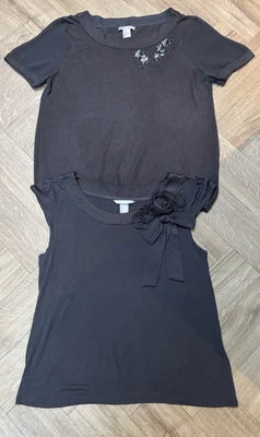 Two H&M Grey Tops 1 With Flower & Bow, Other Sequins Both Size Medium  - Image 1 of 4