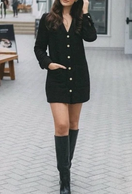 Zara Black Gold Button Front Mini Jacket Dress Size XS Textured Tweed Cardigan - Image 1 of 4