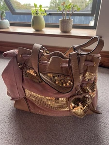 Juicy Couture Daydreamer Bag Pink Velour And Sequins Y2K Bow Accent Cinch Top - Picture 1 of 4