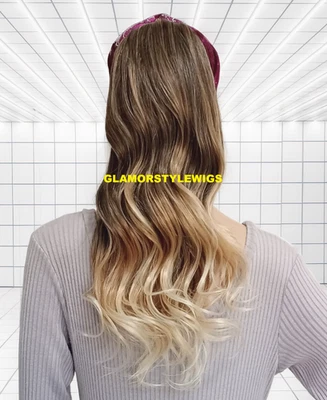 20'' HUMAN HAIR BLEND PONYTAIL LONG WAVY OMBRE BROWN BLONDE HAIR PIECE EXTENSION - Image 1 of 3