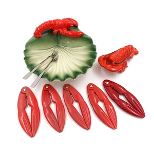 Vintage Lobster Dish Bowl, Large Shaker, 5 Enamel Metal Shell Crackers, 2 Picks - Picture 1 of 16