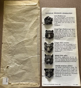 5 cubiertas de botones de peltre Federación Nacional de Vida Silvestre Gato Salvaje León Couger inusual - Imagen 1 de 15