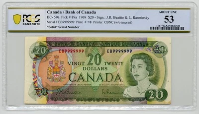 1969 $20 Canada SOLID SERIAL NUMBER EB 9999999 PCGS About UNC 53 - Image 1 of 2