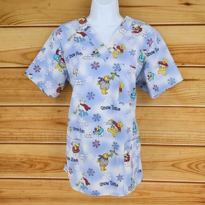 SB Scrubs Scrub Top Womens Size S Blue Winter Pattern Polyester Blend Pockets - Image 1 of 4