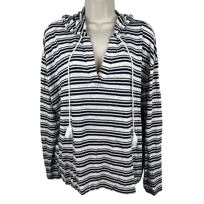 Camisa con Capucha Tahari 100% Lino Tejida Rayas Blanca Azul Marino Para Mujer XL Náutica Foto 1 de 4