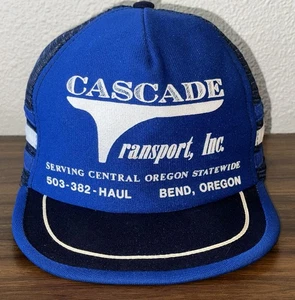 Vtg. Cascade Transport, Inc. Blue 3-Stripe SnapBack Mesh Trucker Hat. Bend, OR - Picture 1 of 6
