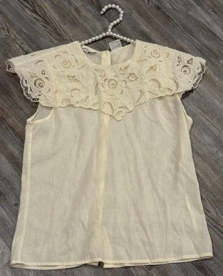 VTG 80’s Women’s Belle Femme by Sandra Trout Ltd. Ivory Linen Blend SS Blouse 10 - Image 1 of 4