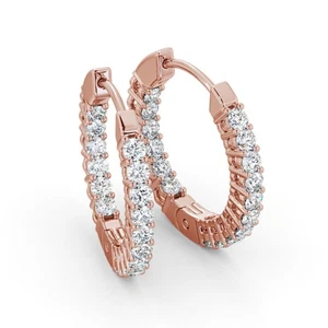 Genuine Diamond Womens Earrings 0.65 Carat Round Cut 18K Solid Rose Gold Hoops - Picture 1 of 4