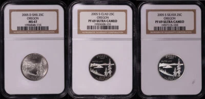 2005-D&S SMS, Clad, & Silver Oregon State Quarter Set NGC MS-67 & PF-69 UC - Image 1 of 2