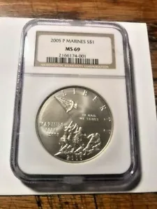 2005-P Marines Commemorative Silver Dollar NGC MS 69 #13726 - Picture 1 of 4