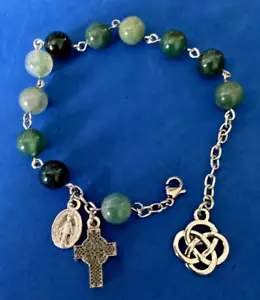 Moss Opal Religious Rosary Bracelet Celtic Cross Medal Saint TRINITY SST - Picture 1 of 5