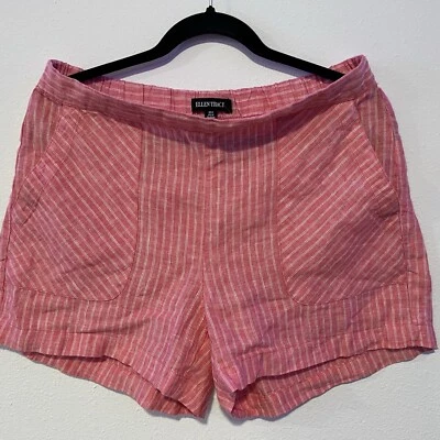 Pantalones Cortos Ellen Tracy 100% Lino Rosa Blanco Rayas Mujer M Bolsillos Frente Plano Foto 1 de 4