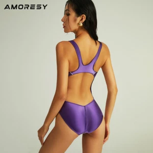 AMORESY Damen Sexy Glänzender Einteiler Bademode Hohe Taille Badeanzug Leotards - Bild 1 von 15