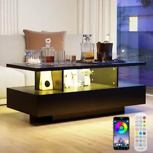 Wohnzimmertisch Couchtisch mit LED Beleuchtung Beistelltisch Bluetooth Schwarz - Bild 1 von 9