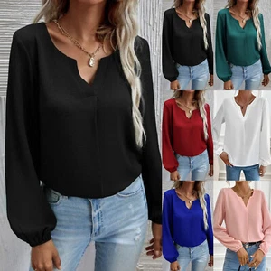 Women Casual Chiffon V Neck Loose Tunic Blouses Work Business Long Sleeve Tops - Picture 1 of 14