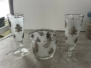 Vintage Libbey Frosted Silver Leaf Set Of *2* Goblets 8.25” And Ice Bucket - Picture 1 of 18