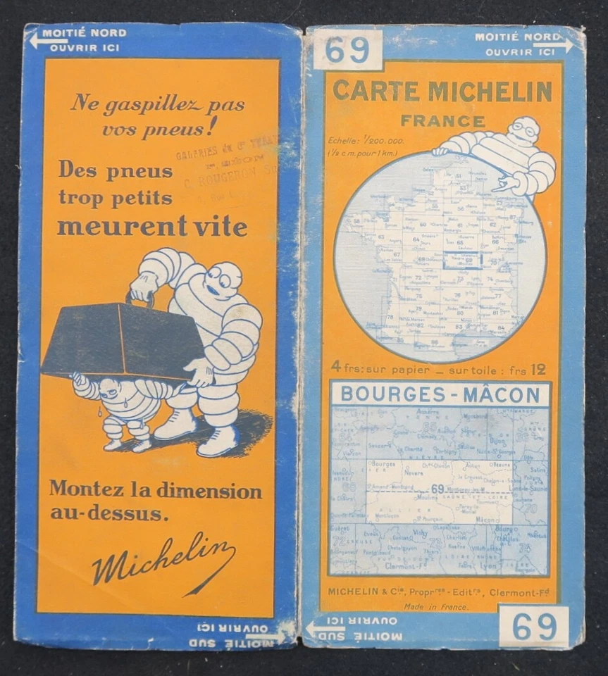Tarjeta MICHELIN 69 BOURGES MACON 1929 Guía Bibendum neumáticos mapa - Imagen 1 de 1