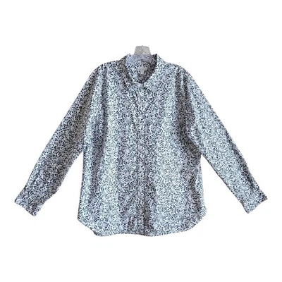 GARNET HILL Women 16 Blouse Button Up Olive White Leaves Organic Pima Cotton 42" - Image 1 of 4