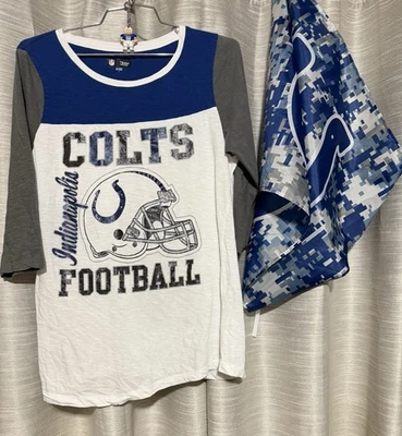 NFL INDIANAPOLIS COLTS-Camiseta Mujer Manga 3/4 (Talla L)/Bandera Colts/Llavero Colts Foto 1 de 4