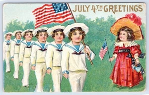 4th Of July Postcard- Parade of Sailor Boys, American Flags, Girl in Fancy Dress - Picture 1 of 2