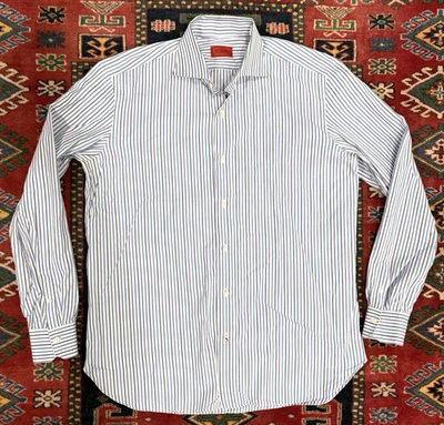 ISAIA Napoli Hombre Camisa de Vestir 17/43 Blanco Rayas Azul Morado Algodón Italia Usada en Excelente Condición Foto 1 de 4