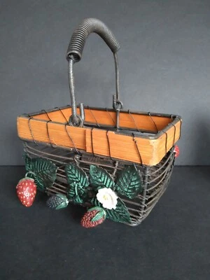 Small Black Wire Basket With Handle Wood Trim/Metal Leaves/Berries 6" X 4" - Image 1 of 4