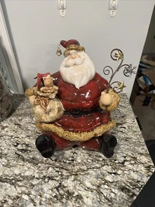 Old World Santa Claus Cookie Jar Winter Access Jingle Bell Hat Ceramic - Picture 1 of 3