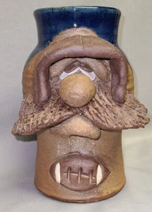 Hand Built Pottery Stoneware Mustache Face Mug Football Theme - Picture 1 of 6